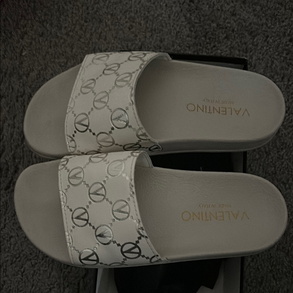 Valentino White Monogram Slide Sandals